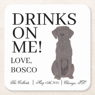 Personalised Chocolate Labrador Dog Wedding Square Paper Coaster
