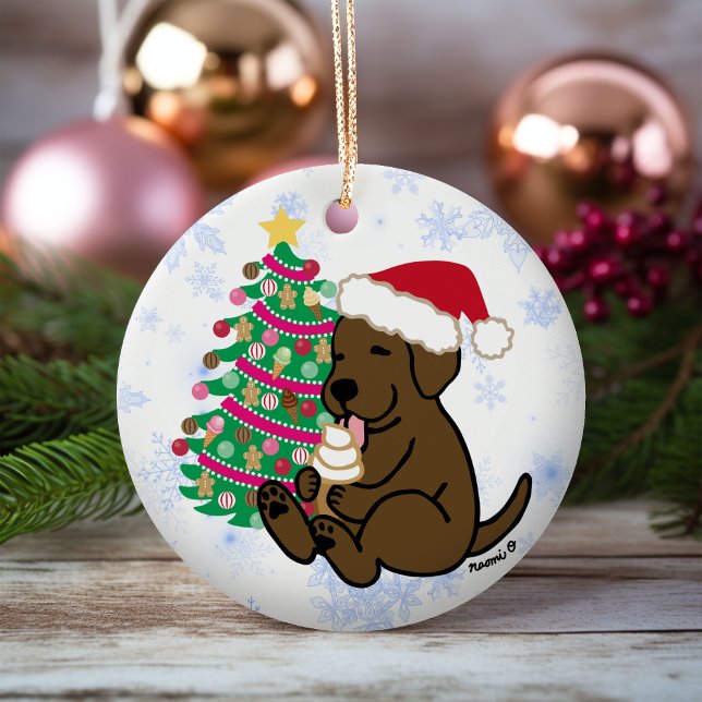 Personalised Chocolate Labrador Ice Cream Ceramic Ornament (Personalized Chocolate Labrador Ice Cream Christmas Ornament for Labrador Owners.  Cartoon Style.)