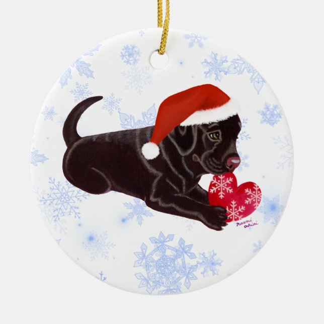 Personalised Chocolate Labrador Puppy Santa's Hat Ceramic Tree Decoration (Front)