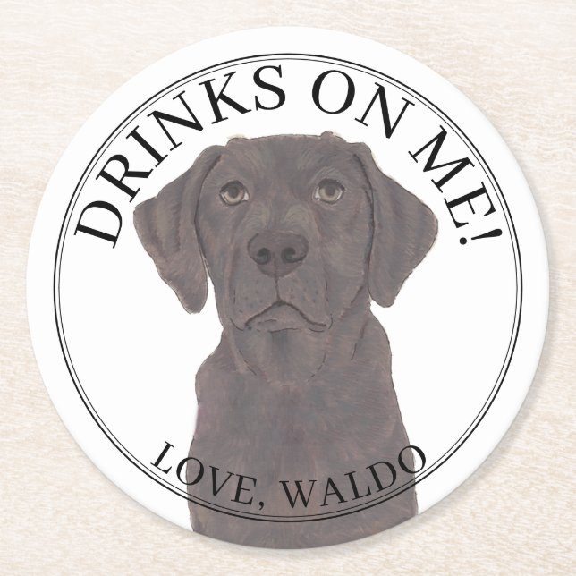Personalised Chocolate Labrador Wedding Round Paper Coaster (Front)