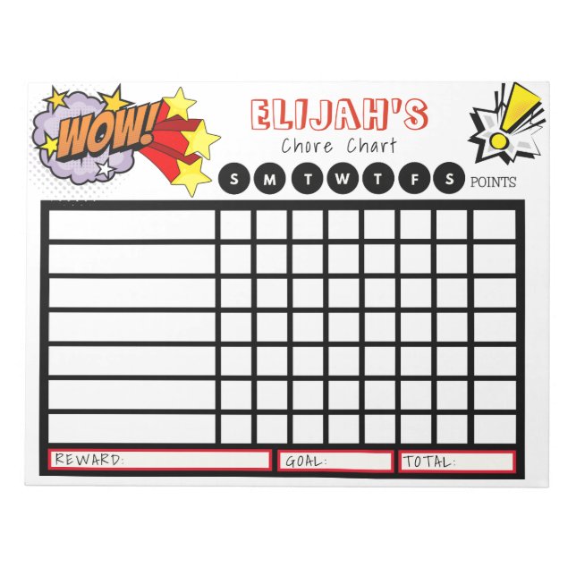 Personalised Chore Chart for Kids, Comic Book Notepad (Front)