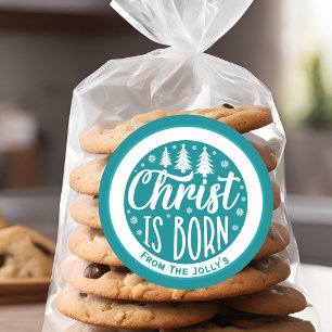 Personalised Christ Is Born Christmas Blue Classic Round Sticker