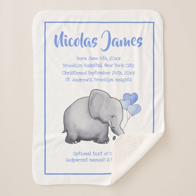 Personalised Christening Date Baby Blue Elephant Sherpa Blanket (Front)