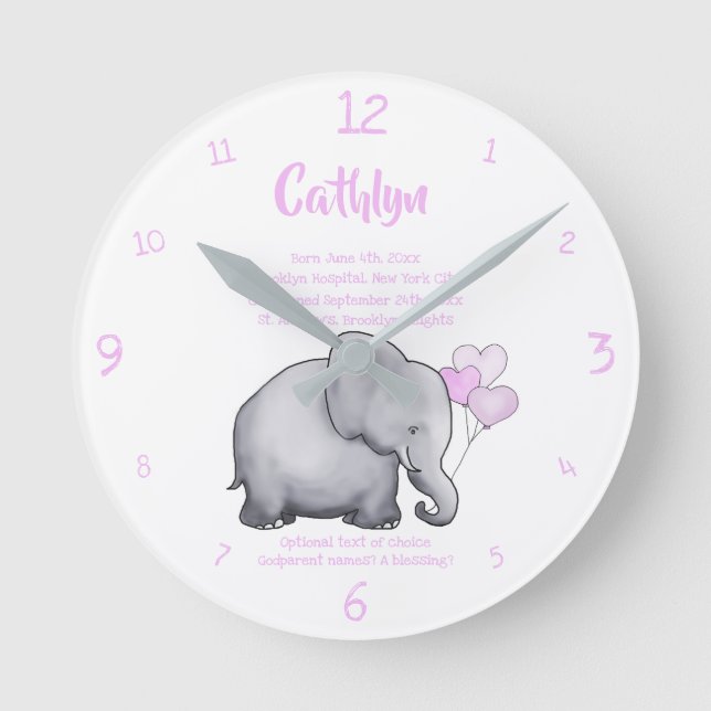 Personalised Christening Date Baby Pink Elephant Round Clock (Front)