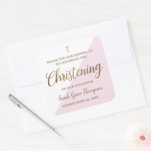 Personalised Christening Modern gold pink white Square Sticker
