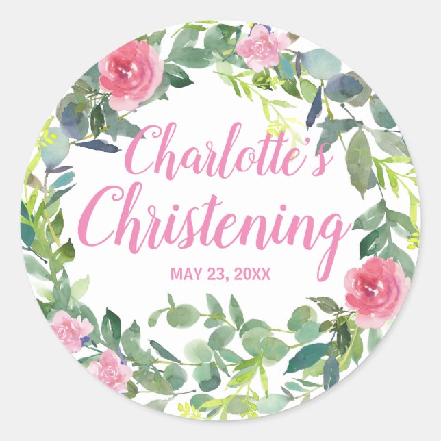 Personalised Christening Sticker with Pink Flowers (Front)