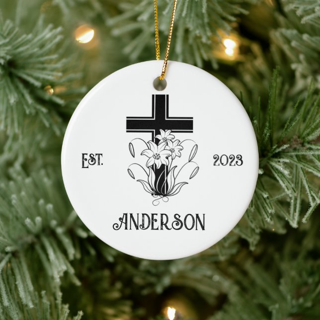 Personalised Christian Cross Christmas Holiday Ceramic Ornament (Tree)