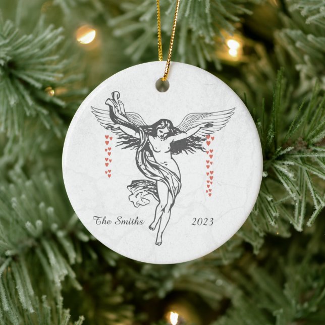 Personalised Christmas Angel Dropping Hearts  Ceramic Ornament (Tree)
