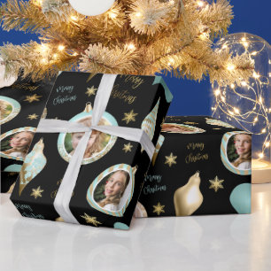 Personalised Christmas Aqua Gold Photo Ornament Wrapping Paper