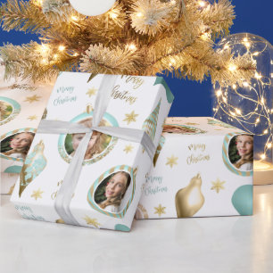 Personalised Christmas Aqua Gold Photo Ornament Wrapping Paper