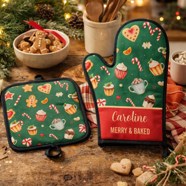 Personalised Christmas Baking Pattern Oven Mitt & Pot Holder Set (Creator Uploaded)