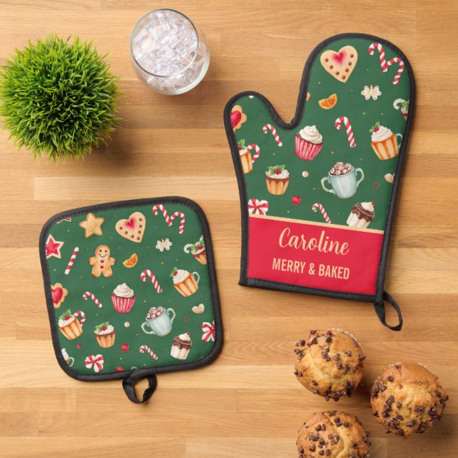 Personalised Christmas Baking Pattern Oven Mitt & Pot Holder Set (Top Down)