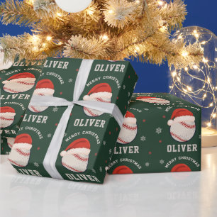 Personalised Christmas Baseball Santa Hat Name Wrapping Paper