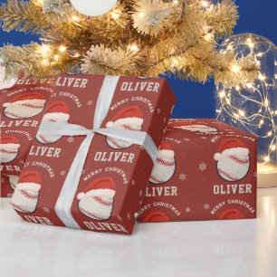 Personalised Christmas Baseball Santa Hat Name Wrapping Paper