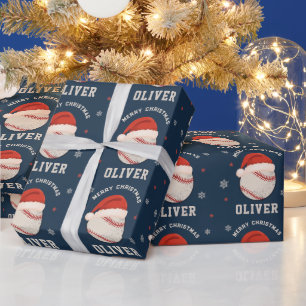 Personalised Christmas Baseball Santa Hat Name Wrapping Paper