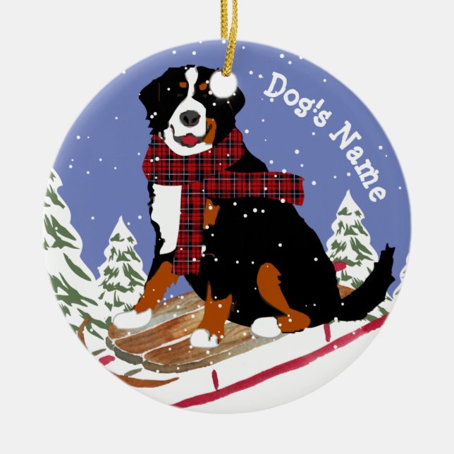 Personalised Christmas Bernese Mt Dog Sledding Ceramic Ornament (Front)