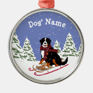 Personalised Christmas Bernese Mt Dog Sledding Metal Tree Decoration