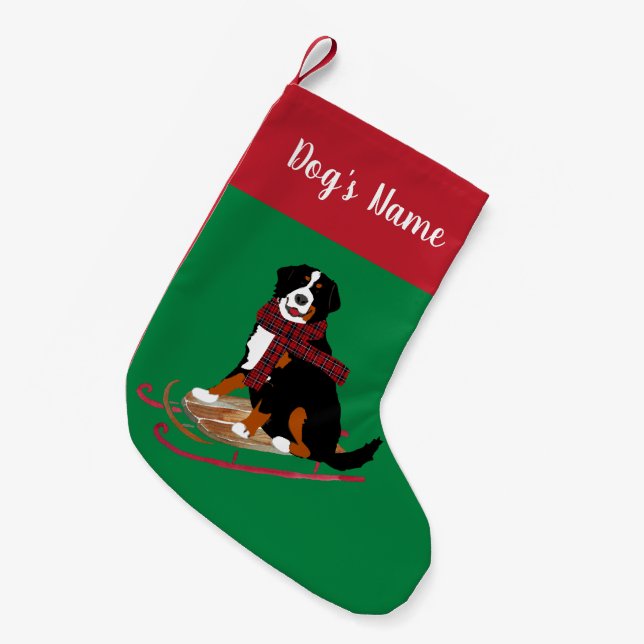 Personalised Christmas Bernese Mt Dog Sledding Small Christmas Stocking (Front (Hanging))