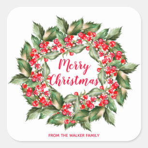 Personalised Christmas Berries Wreath Square Sticker