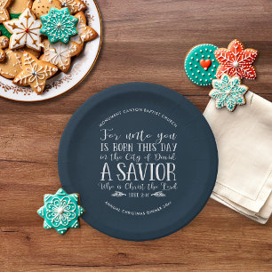 Personalised Christmas Bible Verse Typography Blue Paper Plate