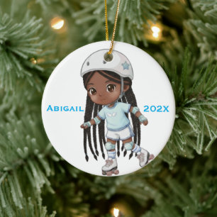 Personalised Christmas Black Girl Roller Skating Ceramic Ornament