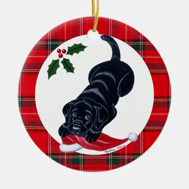 Personalised Christmas Black Lab Puppy Ceramic Tree Decoration (Front)