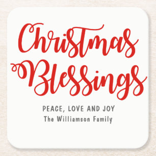 Personalised Christmas Blessings Red and White Square Paper Coaster