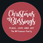 Personalised Christmas Blessings Silver and White Classic Round Sticker<br><div class="desc">Beautiful and traditional Christmas Blessings red envelope seal or Christmas sticker. It begins with a dark red background. Christmas Blessings is written in a crisp white script font. Peace, Love and Joy is written below. in white capital letters. Your name is just below. Peace, Love and Joy and the family...</div>