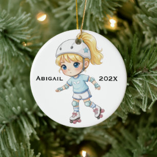 Personalised Christmas Blonde Girl Roller Skating Ceramic Ornament