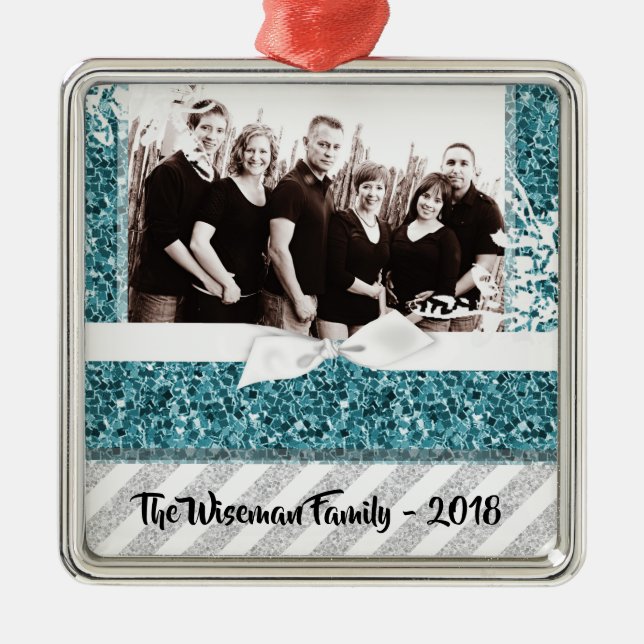 Personalised Christmas Blue Glitter PHOTO Ornament (Front)