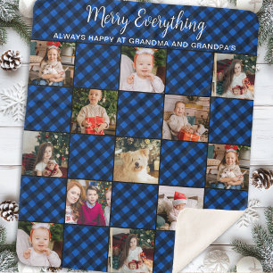 Personalised Christmas Blue Plaid Photo Collage Sherpa Blanket