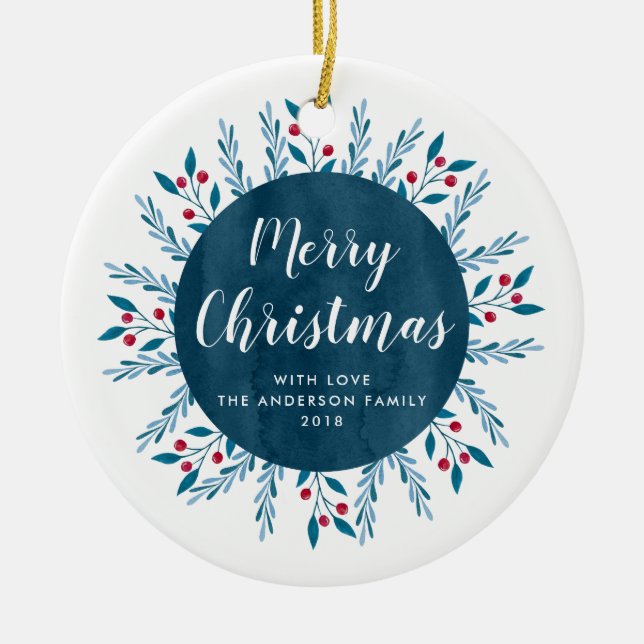 Personalised Christmas Blue Watercolor Floral Ceramic Ornament (Front)