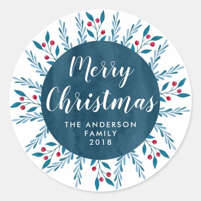 Personalised Christmas Blue Watercolor Floral Classic Round Sticker (Front)