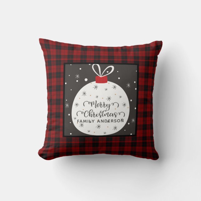 Personalised Christmas Buffalo Plaid Cute Bauble Cushion (Front)