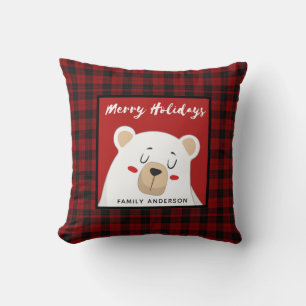 Personalised Christmas Buffalo Plaid Polar Bear Cushion