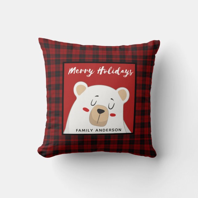 Personalised Christmas Buffalo Plaid Polar Bear Cushion (Front)