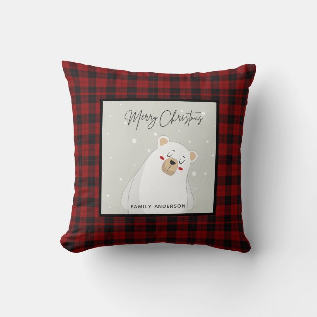 Personalised Christmas Buffalo Plaid Polar Bear Cushion (Front)