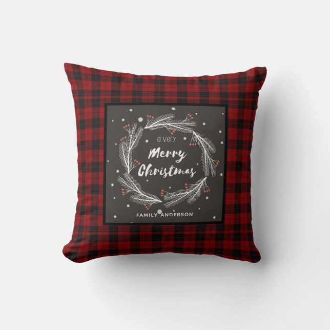 Personalised Christmas Buffalo Plaid Wreath Cushion (Front)