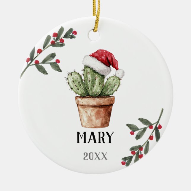 Personalised Christmas Cactus Keepsake Gift Ceramic Ornament (Front)