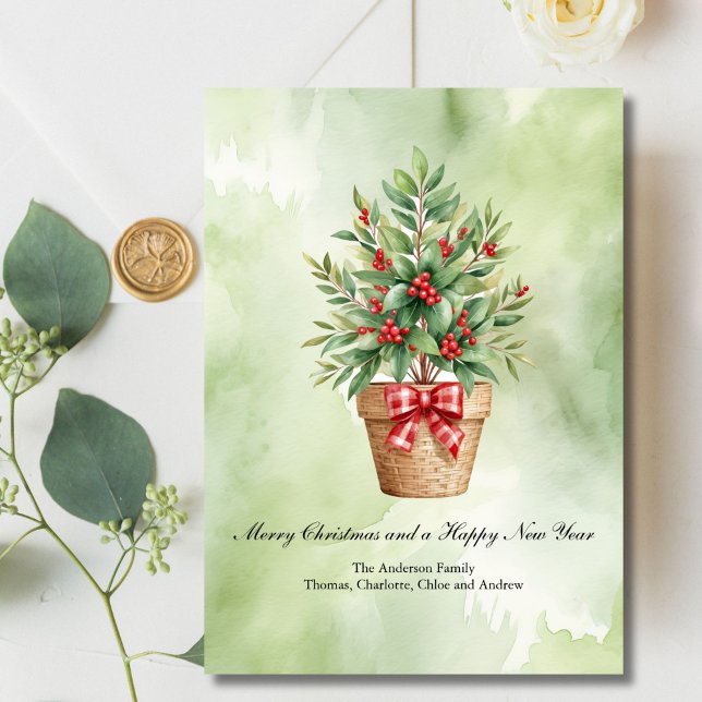 Personalised Christmas Card Tree Red Berries (Christmas Holiday Personalized Card with Laurel and Red Berries in a Wicker Basket Digital Download)