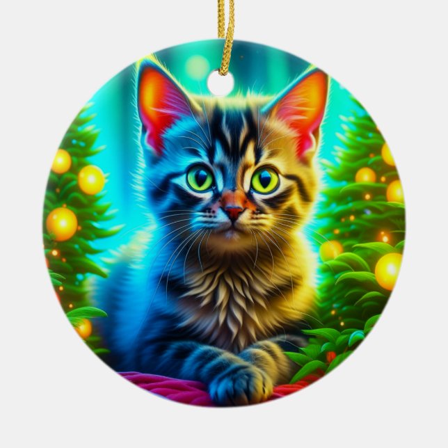 Personalised Christmas Cat and Christmas Trees Ceramic Ornament (Front)