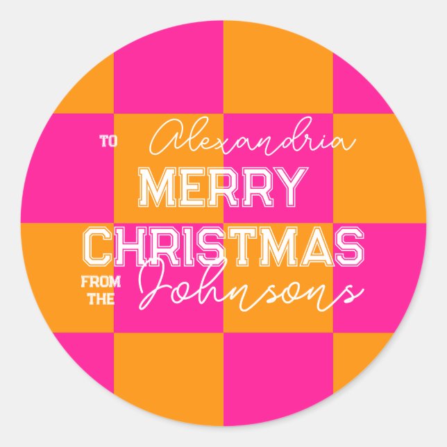 Personalised Christmas Check Hot Pink Orange Classic Round Sticker (Front)