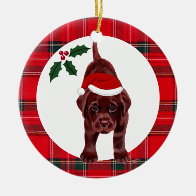 Personalised Christmas Chocolate Lab Puppy Ceramic Ornament (Front)