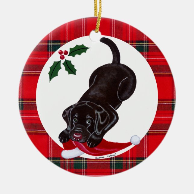 Personalised Christmas Chocolate Lab Puppy Ceramic Ornament (Front)