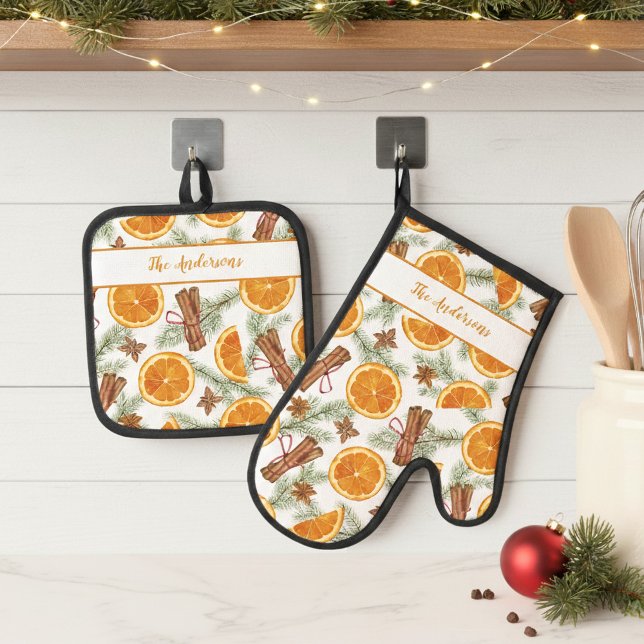 Personalised Christmas Citrus Spice Oven Mitt & Pot Holder Set (Creator Uploaded)
