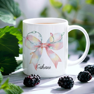 Personalised Christmas coquette bow lights mug