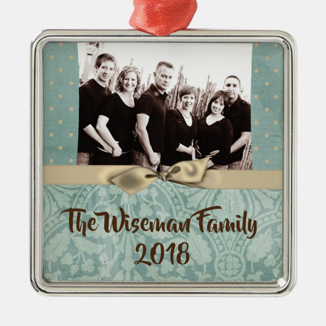 Personalised Christmas Damask Winte PHOTO Ornament (Front)