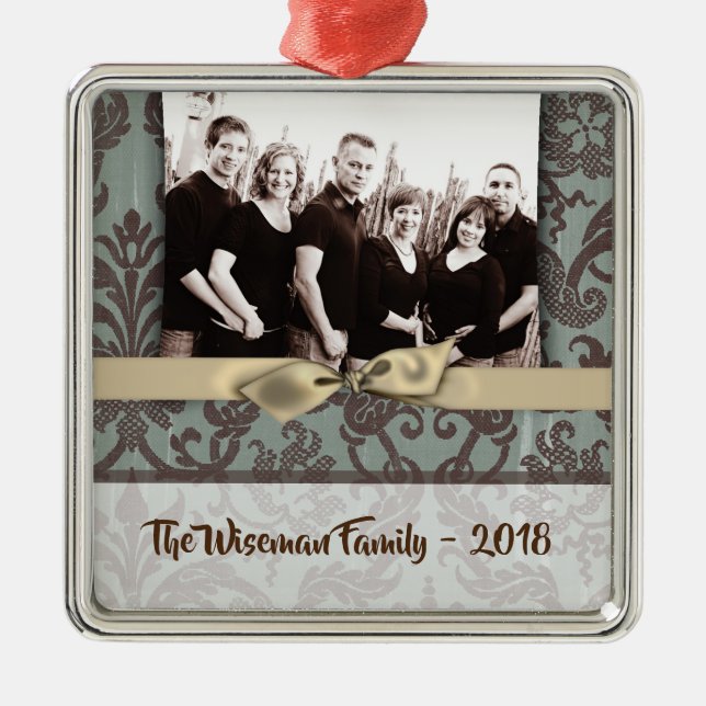 Personalised Christmas Damask Winte PHOTO Ornament (Front)
