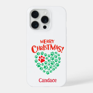 Personalised Christmas Dog Paw Heart Red & Green iPhone 15 Pro Case