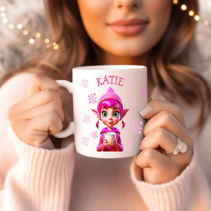 Personalised Christmas Elf Pink Snowflakes Holiday Coffee Mug